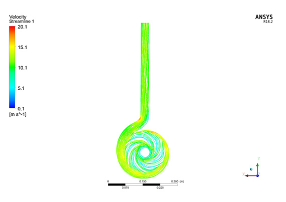 Построено распределение скоростей, характеризующее течение жидкости от входного к выходному патрубку.